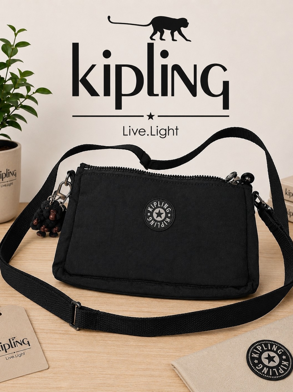 Kipling Black Crossbody Shoulder Bag with Monkey Charm